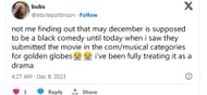 Fans are confused about the decision to classify May December as a comedy (image via X)